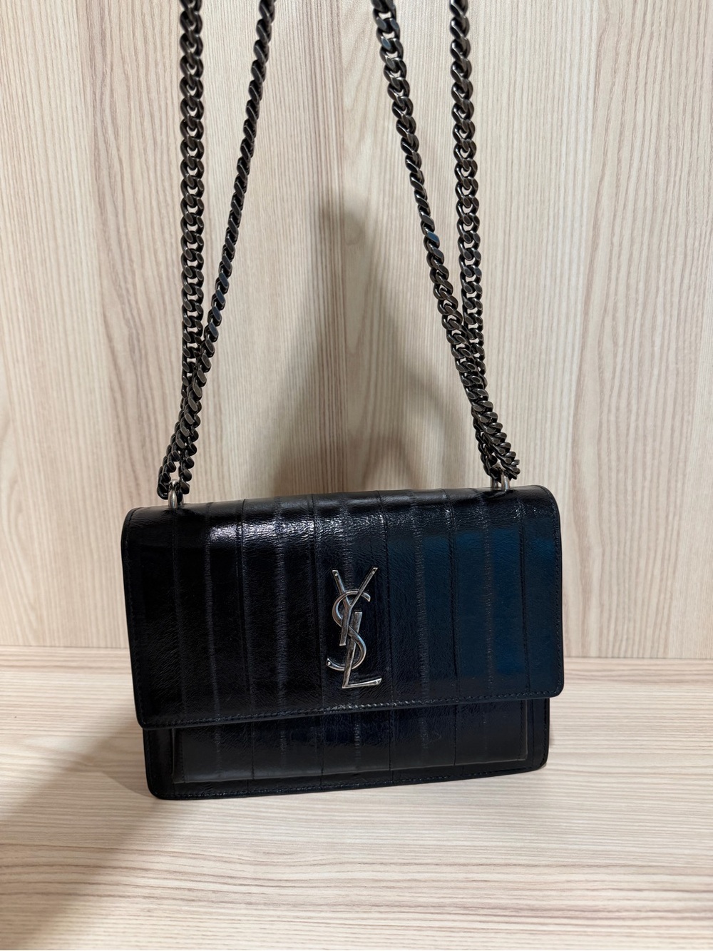 Saint Laurent Sunset Black Embossed Leather Crossbody with Silver Logo